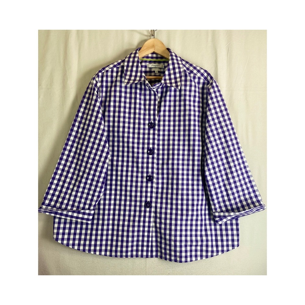 Foxcroft NYC Purple Gingham Wrinkle Free Button Down Shirt 22W Shaped 3/4 Sleeve